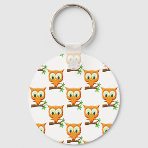 Cartoon Little Owl On Branch Pattern Key Ring