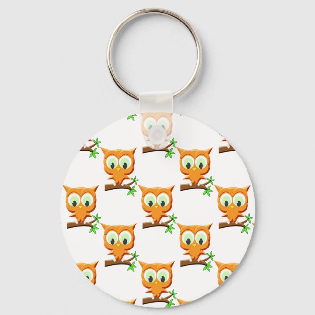 Cartoon Little Owl On Branch Pattern Key Ring (Front)