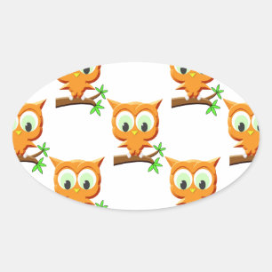 Cartoon Little Owl On Branch Pattern Oval Sticker