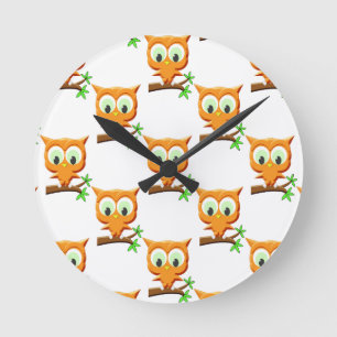 Cartoon Little Owl On Branch Pattern Round Clock