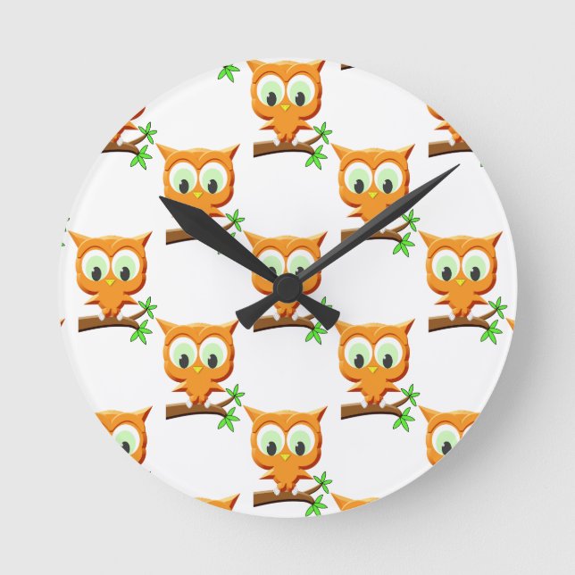 Cartoon Little Owl On Branch Pattern Round Clock (Front)