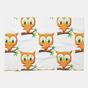 Cartoon Little Owl On Branch Pattern Tea Towel