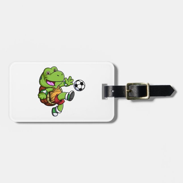 cartoon little turtle playing soccer luggage tag (Front Horizontal)