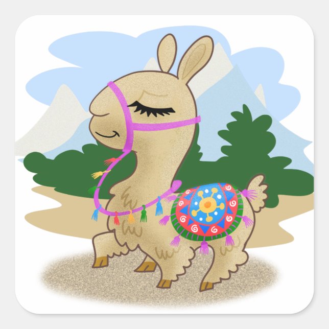 Cartoon Llama Square Sticker (Front)