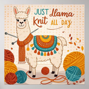 Cartoon llama wearing a knit scarf  poster