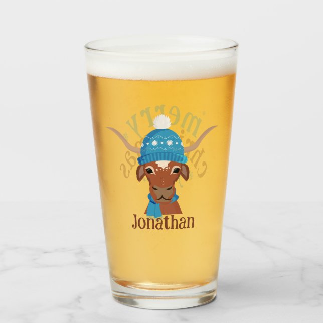 Cartoon Longhorn in Bright Blue Ski Cap and Scarf Glass (Front Filled)