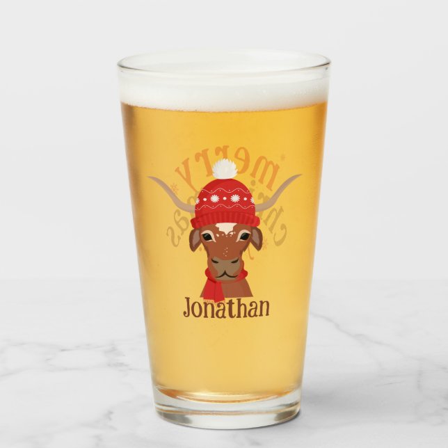 Cartoon Longhorn in Red Ski Cap and Scarf Glass (Front Filled)