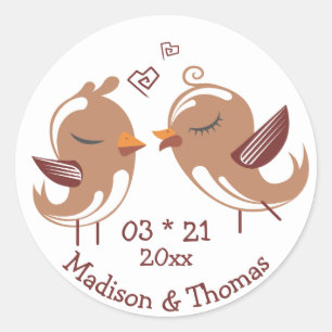 Cartoon Lovebirds Personalised Brown Wedding Birds Classic Round Sticker