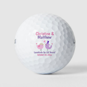 Cartoon Lovebirds Pink and Purple Anniversary Golf Balls