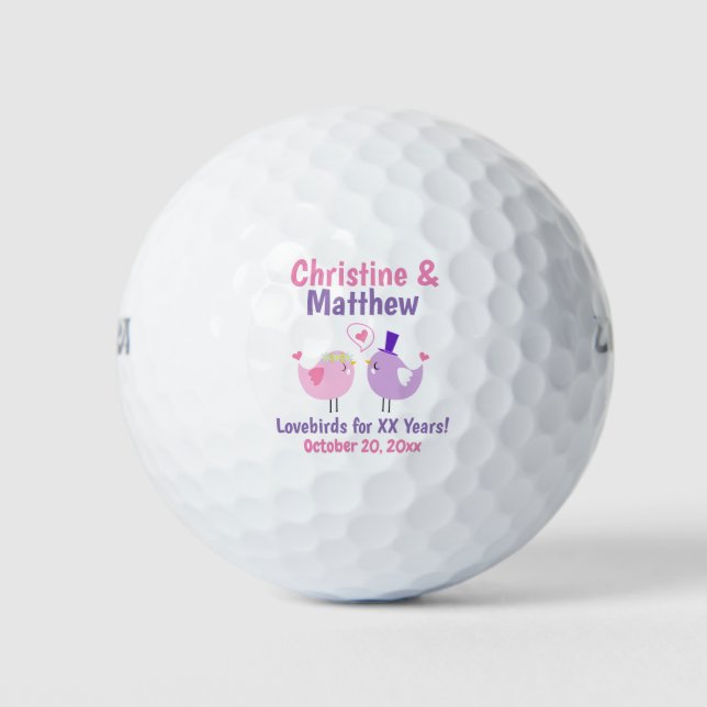 Cartoon Lovebirds Pink and Purple Anniversary Golf Balls (Front)