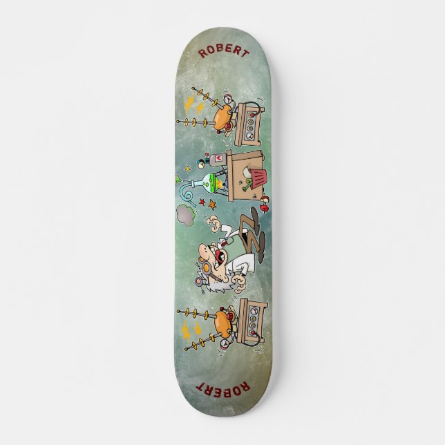 Cartoon Mad Scientist In His Lab With Name Skateboard (Front)