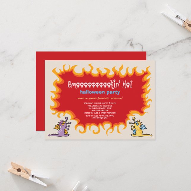 Cartoon Magic Dragons Breathe Fire Halloween Party Invitation (Front/Back In Situ)