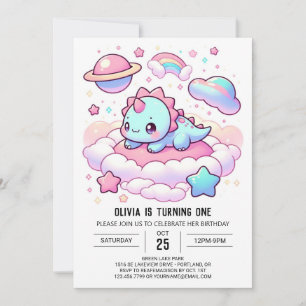Cartoon Magical Dinosaur 1st Birthday Invitation