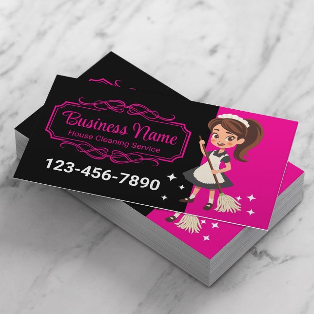 Cartoon Maid Black & Pink House Cleaning Service Business Card (Creator Uploaded)
