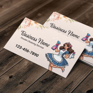 Cartoon Maid House Cleaning Service Pastel Floral Business Card