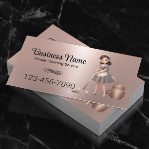 Cartoon Maid House Cleaning Service Rose Gold Business Card