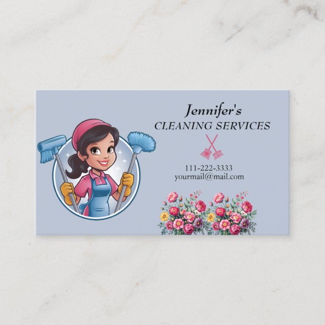 Cartoon Maid House Cleaning Services Business Card (Front)