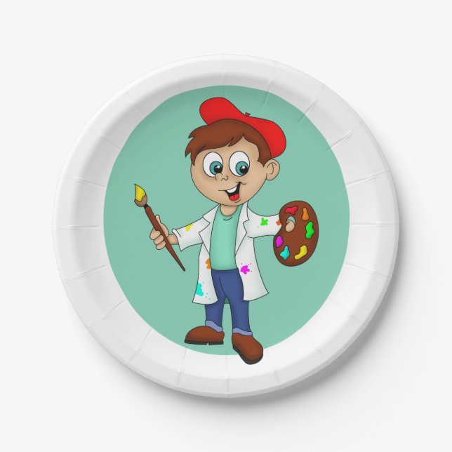 Cartoon Male Artist with a Brush and Palette Paper Plate (Front)