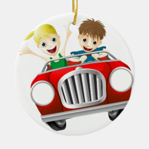 Cartoon man and woman in car ceramic tree decoration