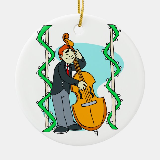 Cartoon man playing upright bass by backdrop ceramic tree decoration (Front)