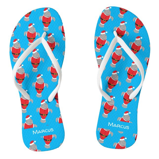 Cartoon Manatee in Santa Outfit Novelty Name Flip Flops (Footbed)