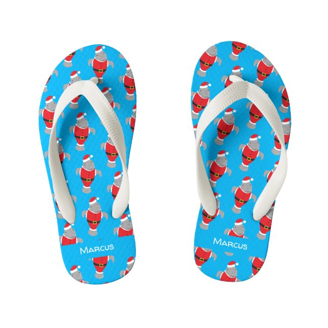Cartoon Manatee Santa Name Kid's Flip Flops (Footbed)