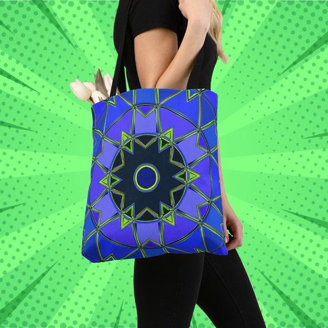 Cartoon Mandala Blue Green and Black Tote Bag (Creator Uploaded)