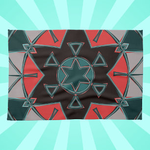 Cartoon Mandala Blue Red and Black Tea Towel