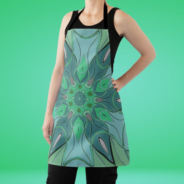 Cartoon Mandala Flower Blue and Green Apron (Creator Uploaded)