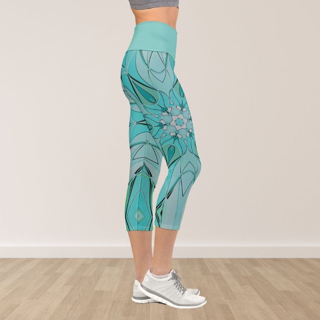 Cartoon Mandala Flower Blue and Green Capri Leggings (Creator Uploaded)