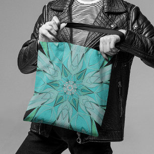 Cartoon Mandala Flower Blue and Green Tote Bag