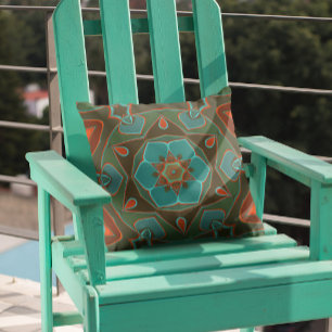 Cartoon Mandala Flower Blue and Orange Cushion