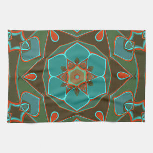 Cartoon Mandala Flower Blue and Orange Tea Towel