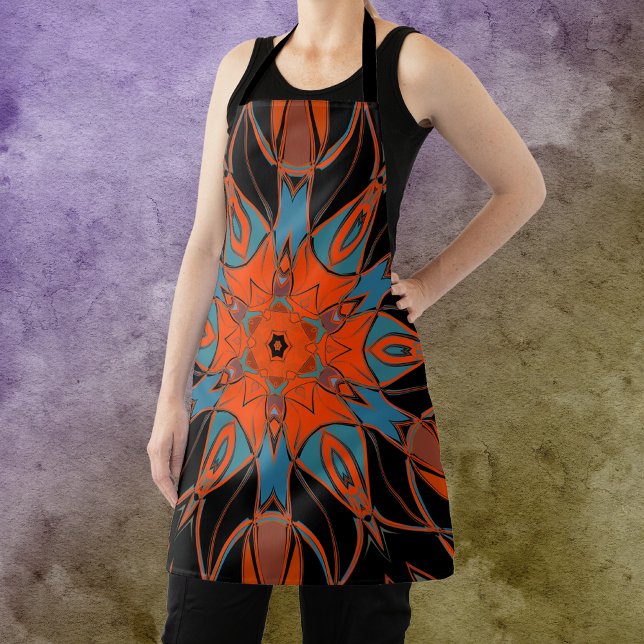 Cartoon Mandala Flower Blue Orange and Black Apron (Creator Uploaded)