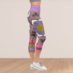 Cartoon Mandala Flower Blue Pink and Yellow Capri Leggings