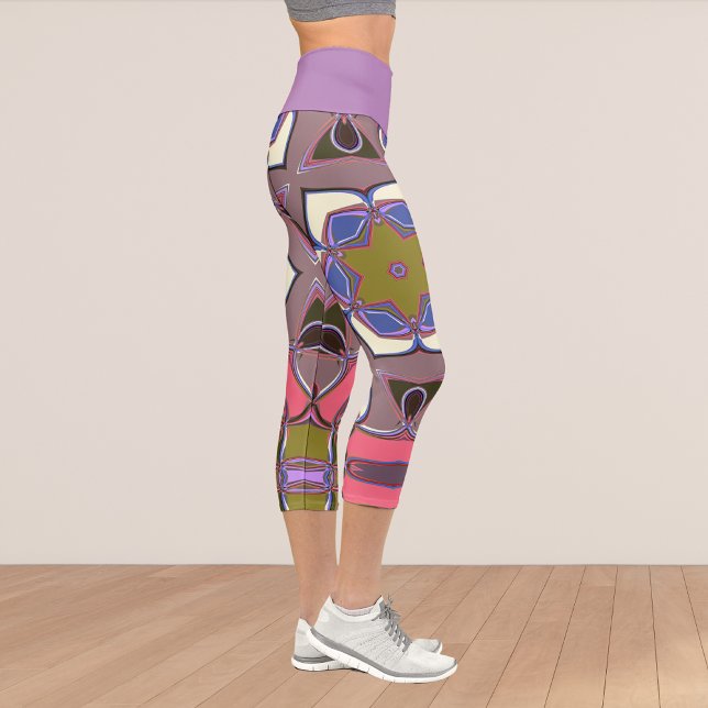 Cartoon Mandala Flower Blue Pink and Yellow Capri Leggings (Creator Uploaded)