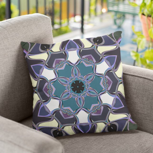 Cartoon Mandala Flower Blue Purple Black and White Cushion (Creator Uploaded)