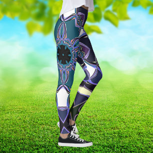 Cartoon Mandala Flower Blue Purple Black and White Leggings