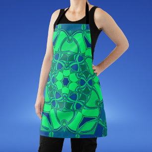 Cartoon Mandala Flower Green and Blue Apron