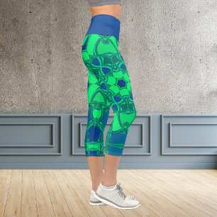 Cartoon Mandala Flower Green and Blue Capri Leggings