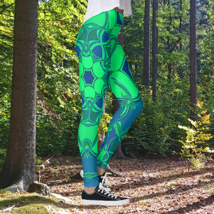 Cartoon Mandala Flower Green and Blue Leggings