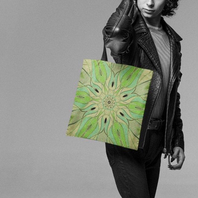 Cartoon Mandala Flower Green and Blue Tote Bag (Creator Uploaded)