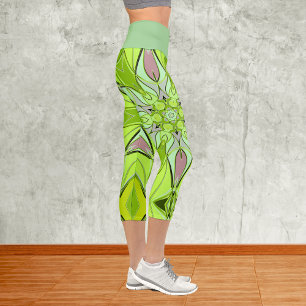 Cartoon Mandala Flower Green and Pink Capri Leggings