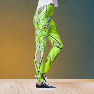 Cartoon Mandala Flower Green and Pink Leggings