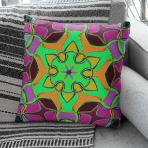 Cartoon Mandala Flower Green Orange and Purple Cushion