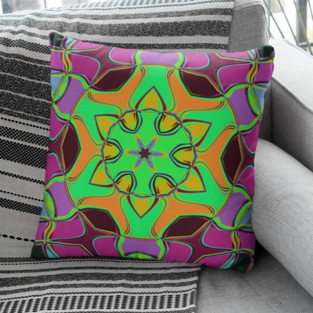 Cartoon Mandala Flower Green Orange and Purple Cushion (Creator Uploaded)