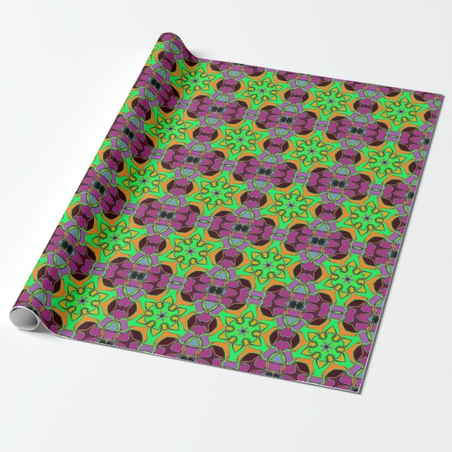 Cartoon Mandala Flower Green Orange and Purple Wrapping Paper (Unrolled)