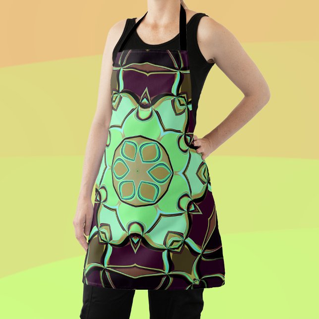 Cartoon Mandala Flower Green Purple and Black Apron (Creator Uploaded)