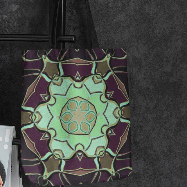 Cartoon Mandala Flower Green Purple and Black Tote Bag (Creator Uploaded)