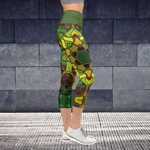 Cartoon Mandala Flower Green Yellow and Orange Capri Leggings